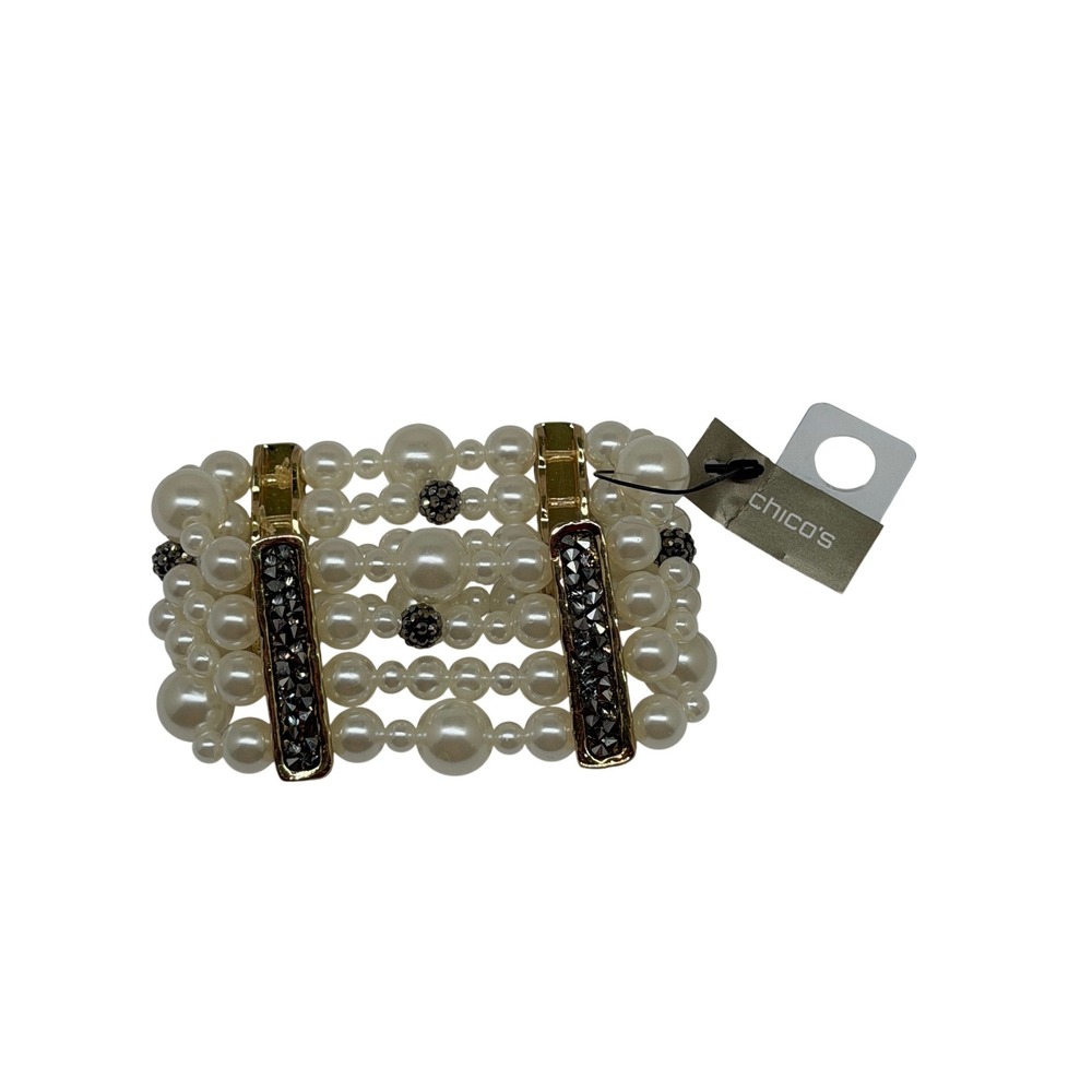 Chicos Gale Faux Pearl‎ Multi Strand Stretch Bracelet Gold Tone Hematite Crystal